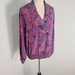 Alfred Dunner Purple & Teal Paisley Blouse, Elastic Ruffle Around Bottom Size 12